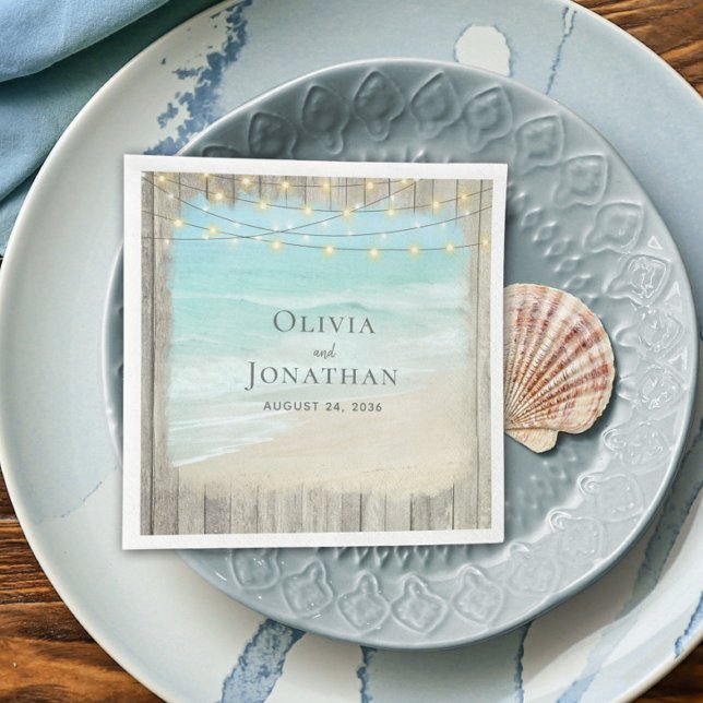 Rustic Beach Wood String Lights Waves Wedding Napkin (Creator Uploaded)