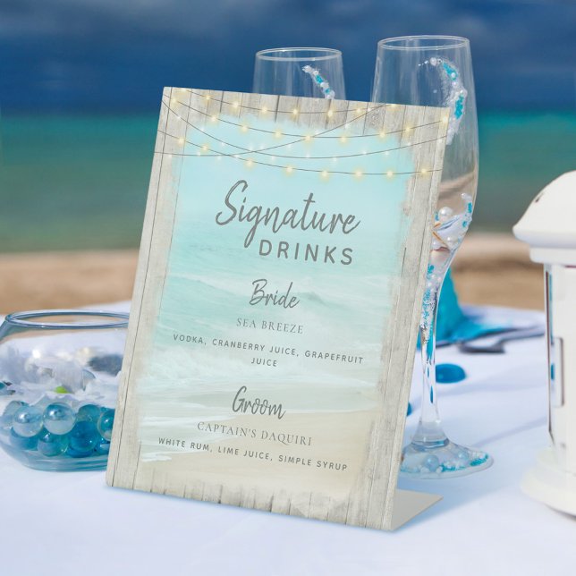 Rustic Beach Wood Wedding Signature Drinks Pedestal Sign (Creator Uploaded)