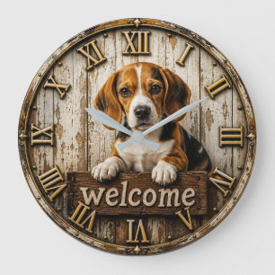 Rustic Beagle Welcome Farmhouse Large Clock