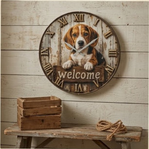 Rustic Beagle Welcome Farmhouse Large Clock