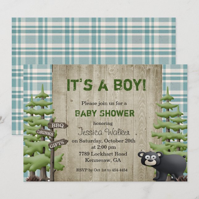 Rustic Bear Baby Shower Invitation Boy (Front/Back)