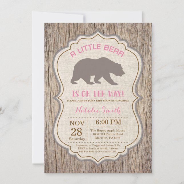 Rustic Bear Baby Shower Invitation Girl (Front)