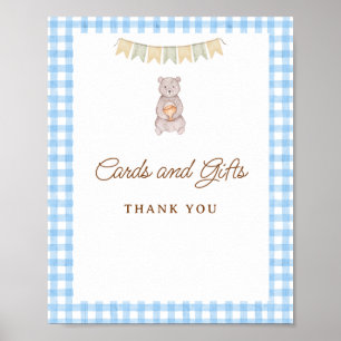 Rustic Bear Blue Gingham Baby Shower Tabletop Poster