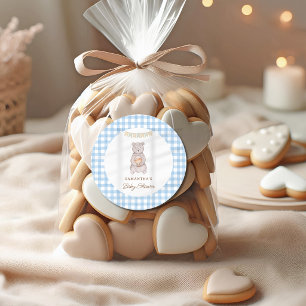 Rustic Bear Blue Watercolor Gingham Baby Shower Classic Round Sticker
