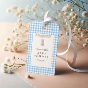 Rustic Bear Blue Watercolor Gingham Baby Shower Gift Tags