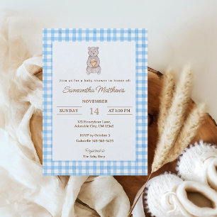 Rustic Bear Blue Watercolor Gingham Baby Shower Invitation