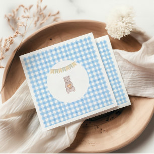 Rustic Bear Blue Watercolor Gingham Baby Shower Napkin