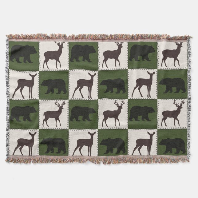 Rustic Bear & Deer, Dark Green & Cream Squares Throw Blanket (Front)