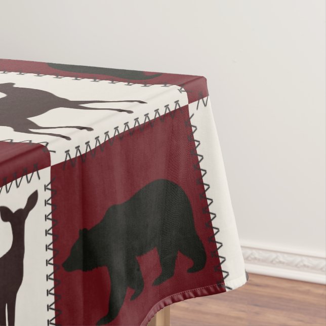 Rustic Bear & Deer, Dark Red & Cream Squares Tablecloth (In Situ)