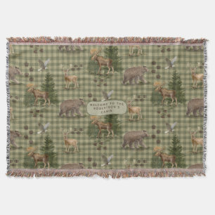 Rustic Bear Deer Forest Moose Eagle Watercolor Throw Blanket
