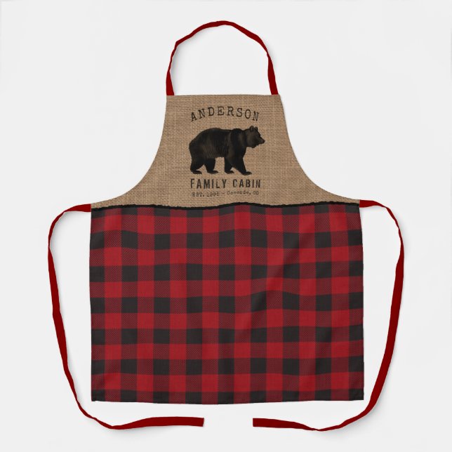 Rustic Bear Family Cabin Red Buffalo Plaid Burlap Apron (Front)