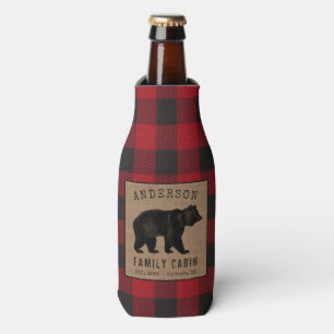 Rustic Bear Family Cabin Red Buffalo Plaid Burlap Bottle Cooler