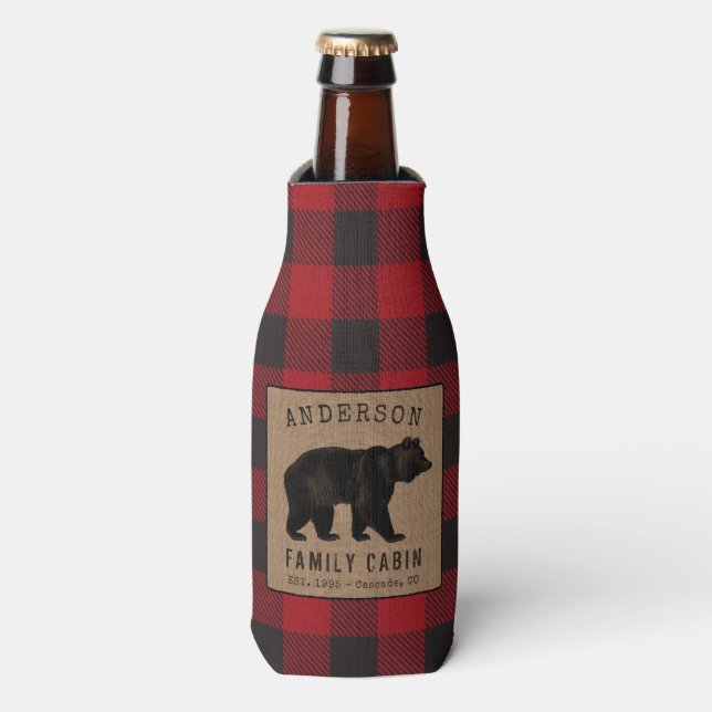 Rustic Bear Family Cabin Red Buffalo Plaid Burlap Bottle Cooler (Bottle Front)