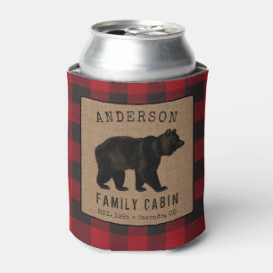 Rustic Bear Family Cabin Red Buffalo Plaid Burlap Can Cooler
