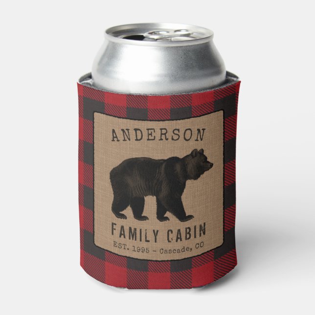 Rustic Bear Family Cabin Red Buffalo Plaid Burlap Can Cooler (Can Front)