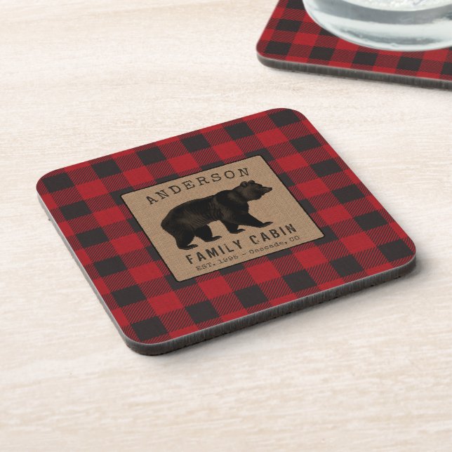 Rustic Bear Family Cabin Red Buffalo Plaid Burlap Coaster (Left Side)