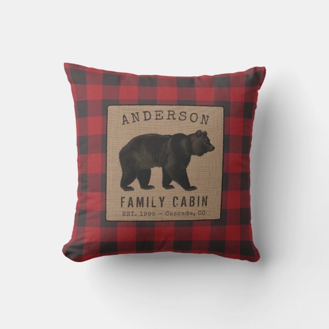 Rustic Bear Family Cabin Red Buffalo Plaid Burlap Cushion (Front)