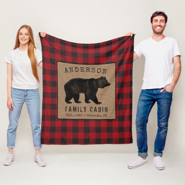 Rustic Bear Family Cabin Red Buffalo Plaid Burlap Fleece Blanket (In Situ)