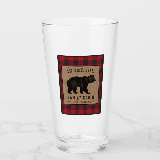 Rustic Bear Family Cabin Red Buffalo Plaid Burlap Glass (Front)