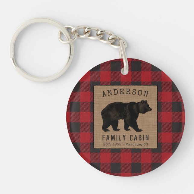 Rustic Bear Family Cabin Red Buffalo Plaid Burlap Key Ring (Front)