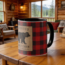Rustic Bear Family Cabin Red Buffalo Plaid Burlap