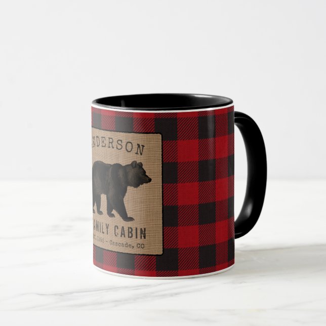Rustic Bear Family Cabin Red Buffalo Plaid Burlap Mug (Front Right)