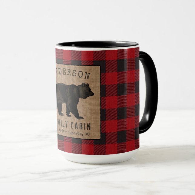 Rustic Bear Family Cabin Red Buffalo Plaid Large Mug (Front Right)