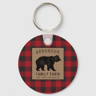 Rustic Bear Family Cabin Red Buffalo Plaid Round Key Ring