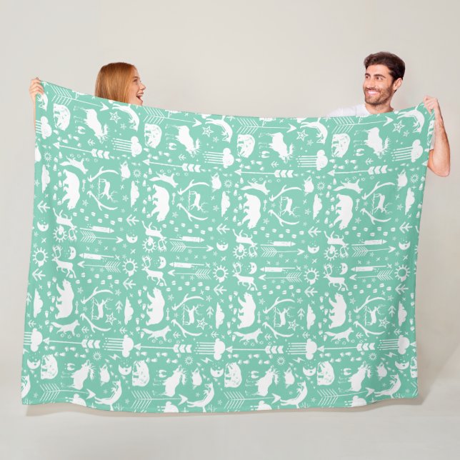 Rustic Bear Fox Deer Racoon Folk Art Pattern Fleece Blanket (In Situ)