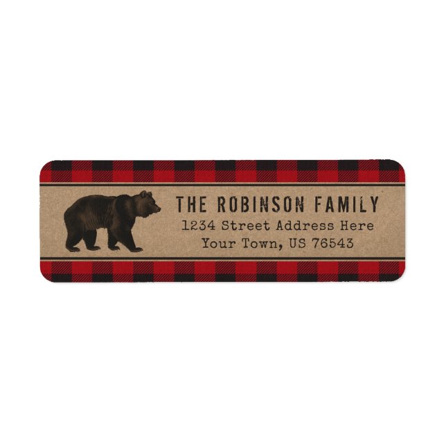 Rustic Bear Kraft Red Plaid Holiday Address (Front)