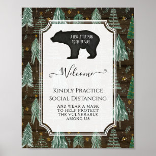Rustic Bear Little Man Baby Shower Social Distance Poster