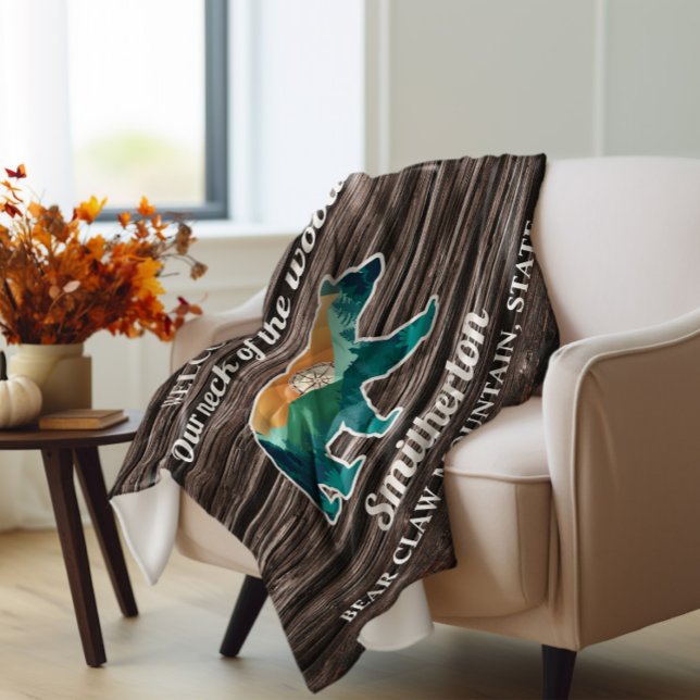 Rustic Bear Mountains Compass Family Name Welcome Fleece Blanket (Bear and rustic wood "Welcome to our neck of the woods" fleece blanket)