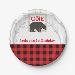 Rustic Bear Plaid Baby Shower Party Wedding Paper Plate
