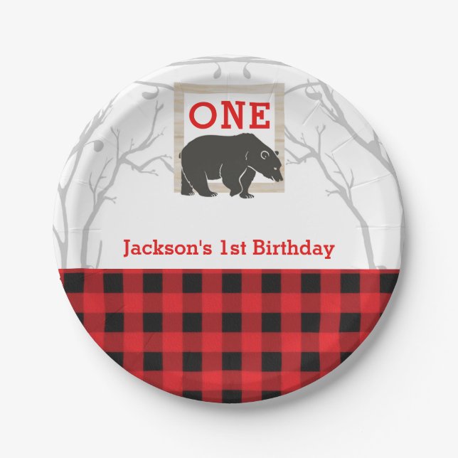 Rustic Bear Plaid Baby Shower Party Wedding Paper Plate (Front)