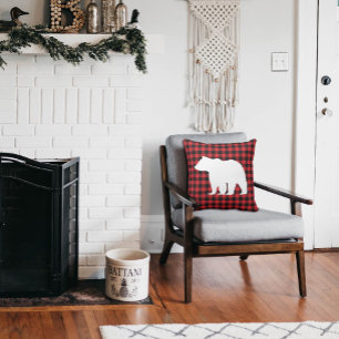 Rustic Bear Plaid Wilderness Cabin Throw Pillow