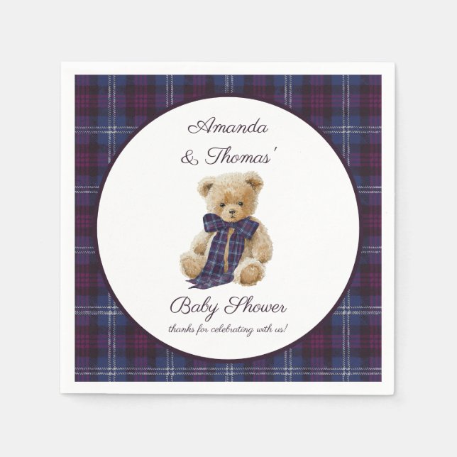 Rustic Bear Purple Bow Baby Shower  Napkin (Front)