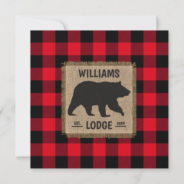 Rustic Bear Red Buffalo Plaid Lodge Family Name Holiday Card (Front)