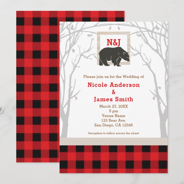 Rustic Bear & Red Plaid Woods Wedding Invitations (Front/Back)