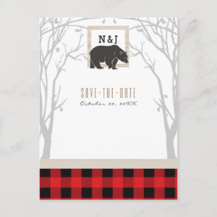 Rustic Bear Red Plaid Woods Wedding Save the Date Announcement Postcard