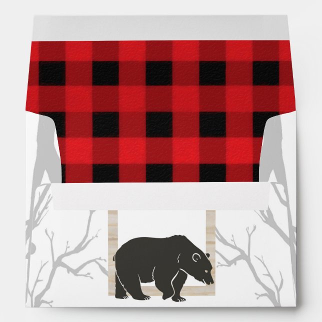 Rustic Bear & Trees Red Plaid Wedding Invitation Envelope (Back (Bottom))