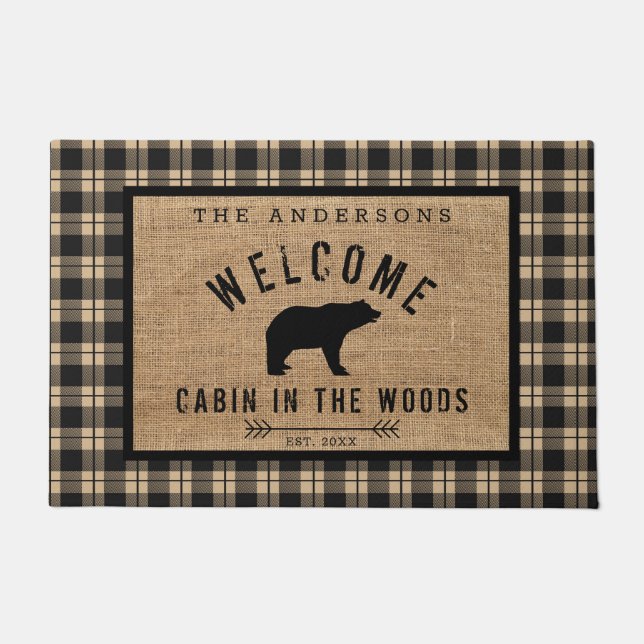 Rustic Bear Welcome Cabin in the Woods Family Name Doormat (Front)