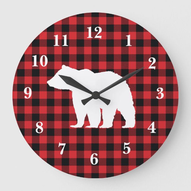 Rustic Bear Wilderness Plaid Cabin Large Clock (Front)