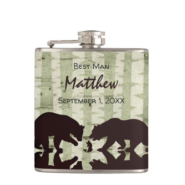 Rustic Bears Woodland Bridal Party Wedding Hip Flask (Front)
