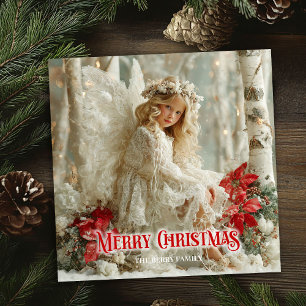 Rustic beautiful angel red poinsettias seasonal  holiday card