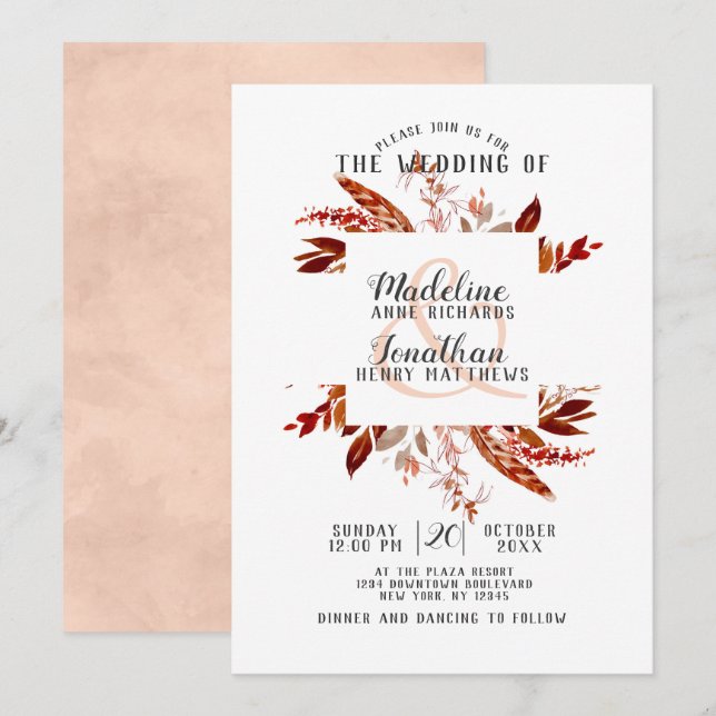 Rustic Beauty Boho Chic Fall Wreath Wedding Invitation (Front/Back)