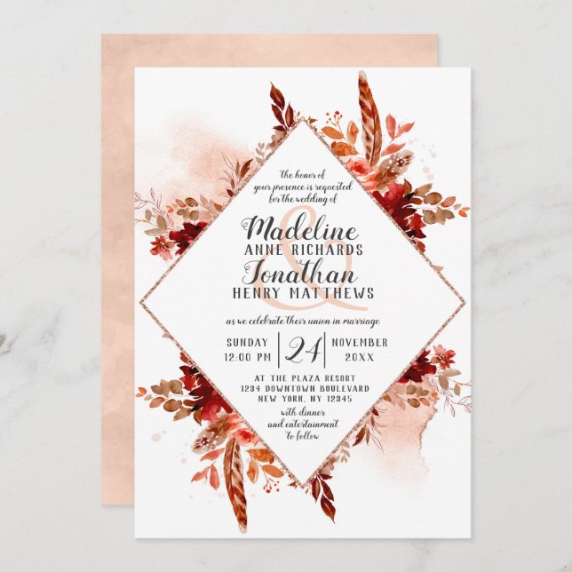 Rustic Beauty Boho Floral Diamond Frame Wedding Invitation (Front/Back)