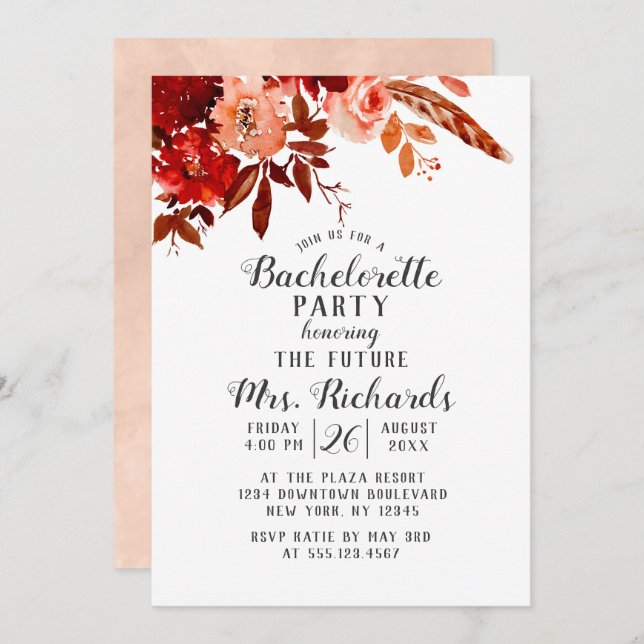 Rustic Beauty Floral Bachelorette Party Invitation (Front/Back)