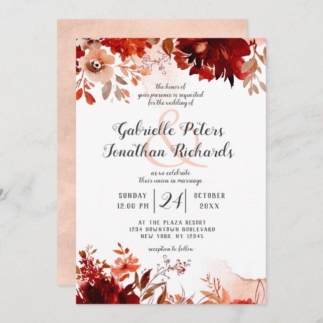 Rustic Beauty Floral Drop Watercolor Wedding Invitation (Front/Back)
