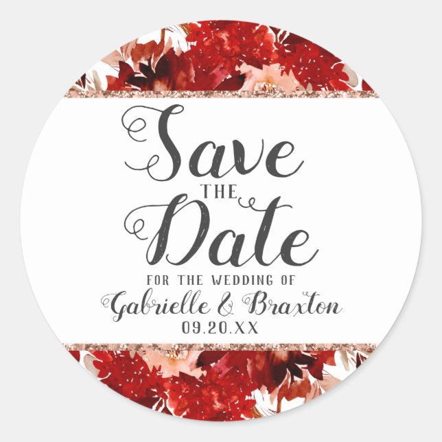Rustic Beauty Floral Frame Rose Gold Save the Date Classic Round Sticker (Front)