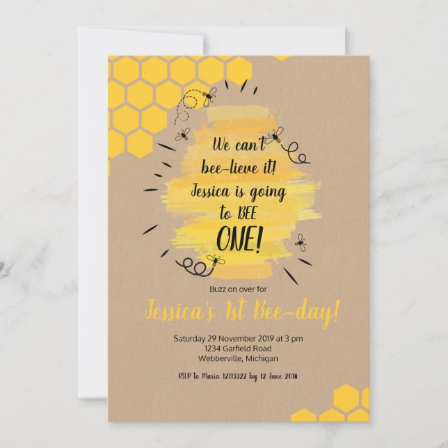 Rustic Bee 1st Birthday Party Invitation (Front)